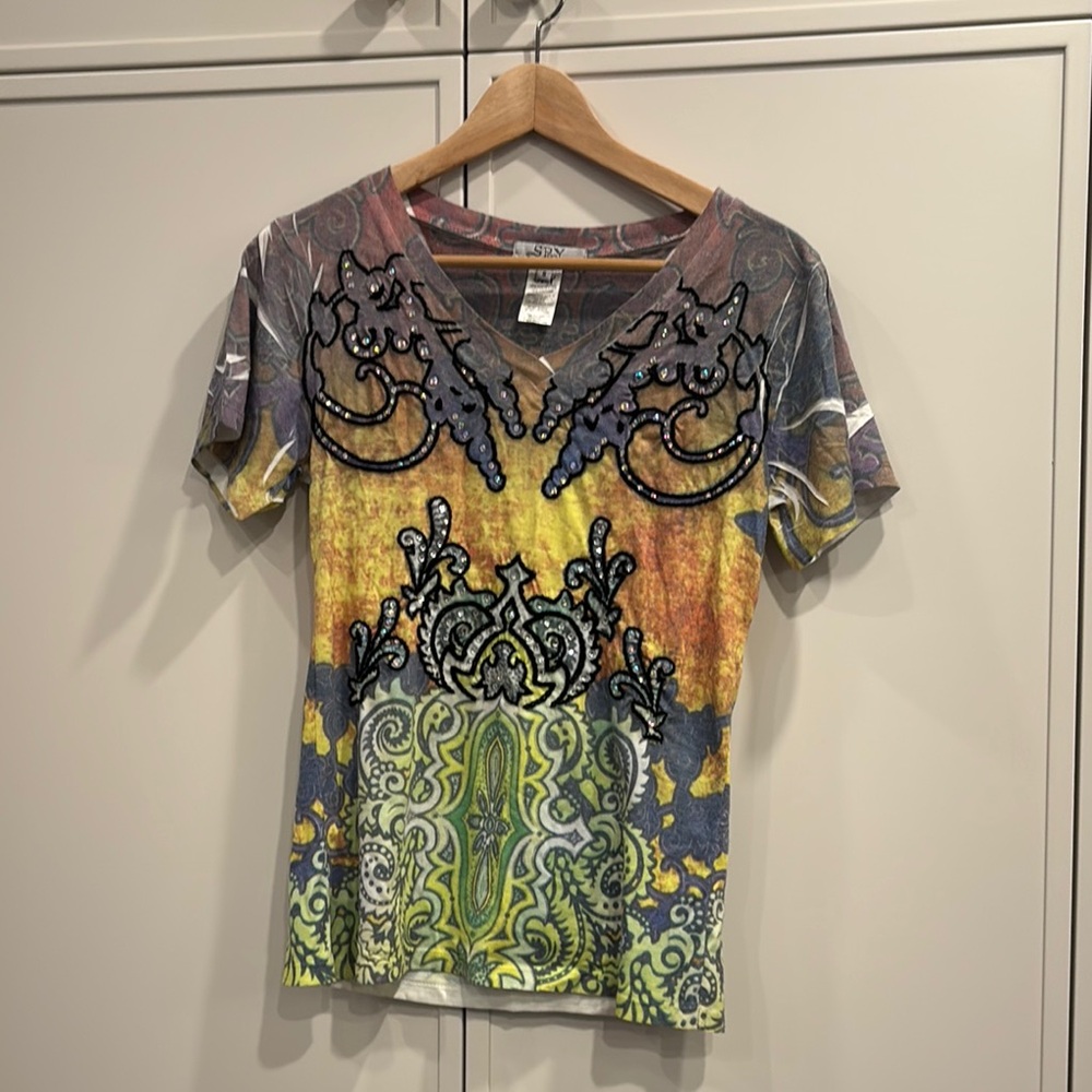 Graphic Gold and Green Short Sleeve Tee with Rhinestones